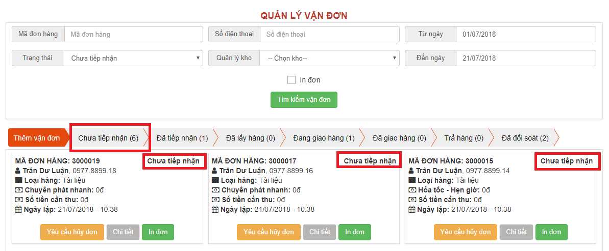 Vận đơn ở trạng thái: Chưa tiếp nhận