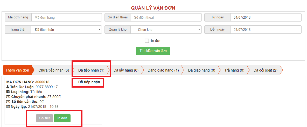Vận đơn ở trạng thái: Đã tiếp nhận