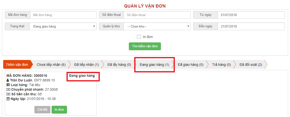 Vận đơn ở trạng thái: Đã lấy hàng