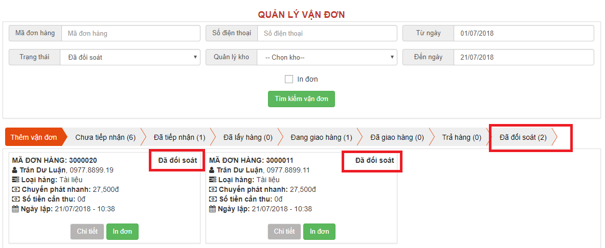Vận đơn ở trạng thái: Đã đối soát