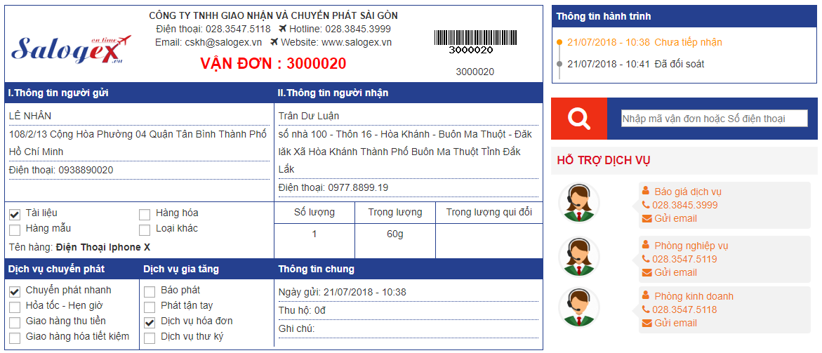 Thông tin chi tiết Vận đơn