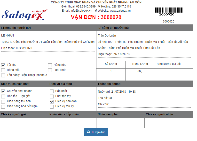 Chức năng in Vận đơn Online
